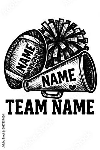 Custom Cheer Megaphone Team Name Black and White Vector Design