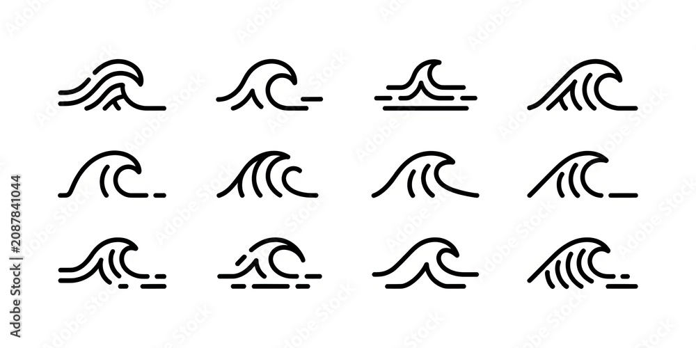 Fototapeta premium Collection of simple, modern wave icons in black and white outline style.