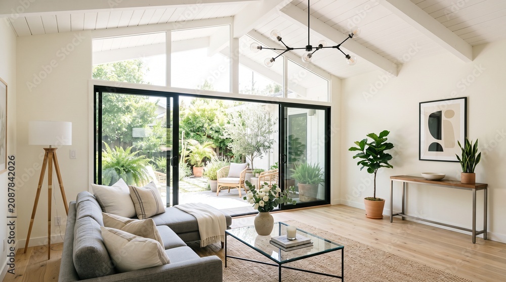 Fototapeta premium A modern living room with a sofa, coffee table, and plants overlooking a garden through large glass doors.