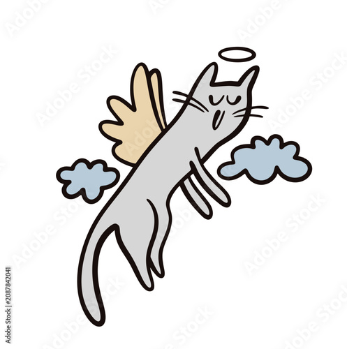 Cartoon happy cat flies to heaven on wings. Vector illustration of an angel in the clouds, a kitten with a halo hovering in the sky. Funny animal with a grey tail.