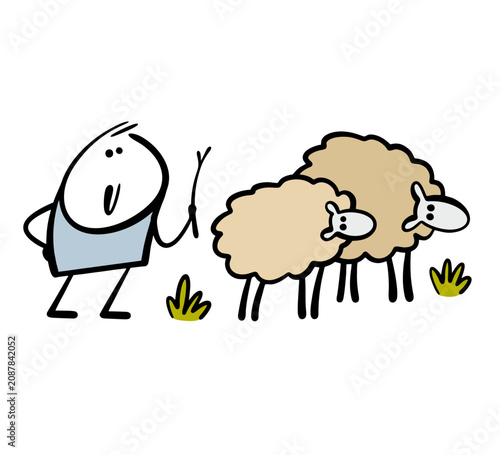 Cartoon child with a twig walks in the field and grazes a flock of cute sheep. Vector illustration of a shepherd and farm animals. Wool factory, eco-friendly project.