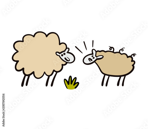 Two sheep in a field with grass. Vector illustration of a furry animal. A shorn pet without a coat looks at her friend with displeasure.