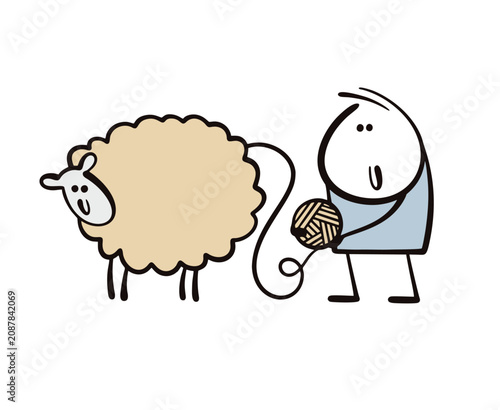 Cartoon sweet sheep and a caring farmer. Vector illustration of the owner unwinding a ball of pet hair.  A farm and a factory for the production of knitting threads.