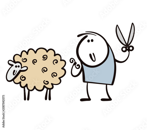 Fuuny cartoon farmer holds scissors and cuts off pieces of wool from a fluffy sheep. Vector illustration of a farm pet and curls of warm wool. Doodle man shears a sheep.