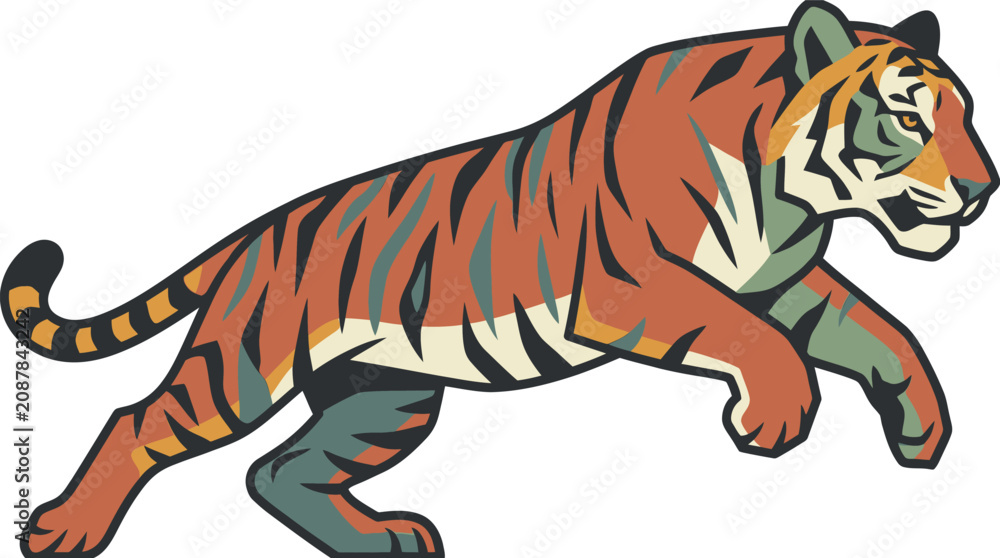 Obraz premium Running Tiger Illustration Featuring A Dynamic Wild Animal In Vector Style