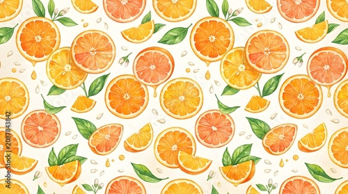 Seamless Pattern of Watercolor Oranges and Citrus Fruit Slices.