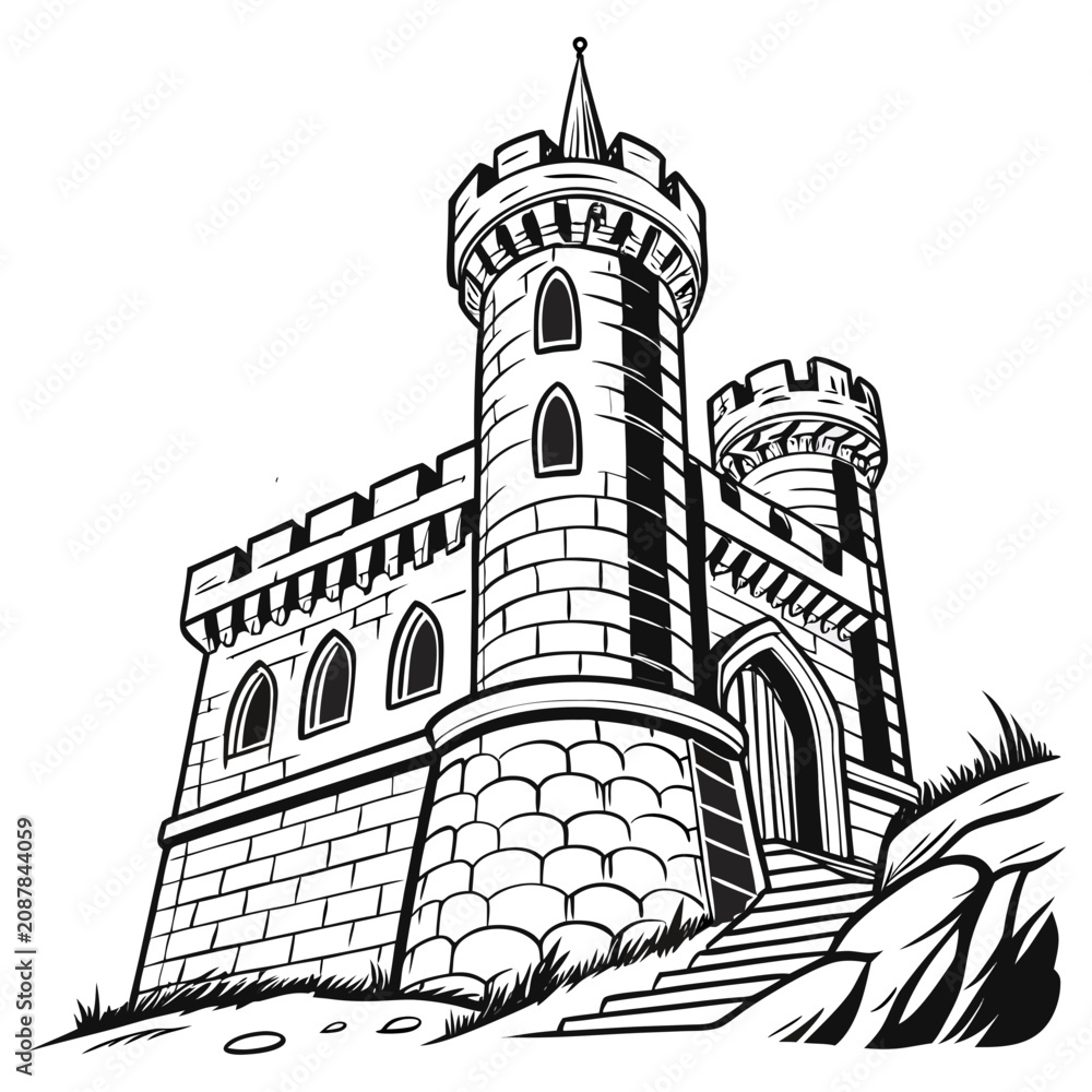 Obraz premium Castle Sketch Images vector. Black and white Castle Sketch Images isolated on white background.