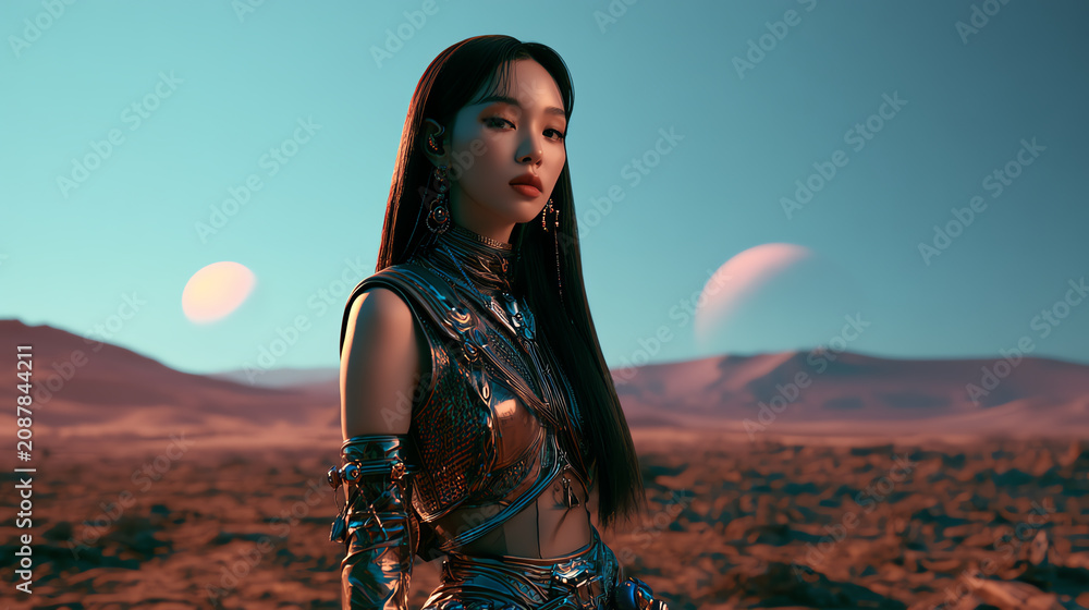 Obraz premium A futuristic landscape featuring a confident figure gazing at distant celestial bodies, embodying strength and beauty.