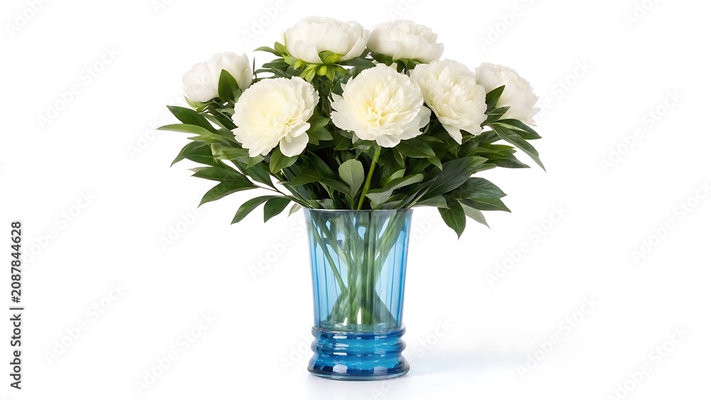 Obraz premium Fresh white roses bouquet in clear glass vase with blue base on white background