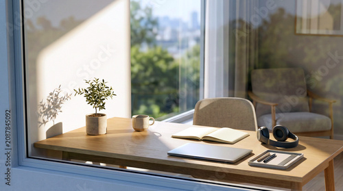 Minimalist desk with laptop, olive tree, and city views in sunlight.