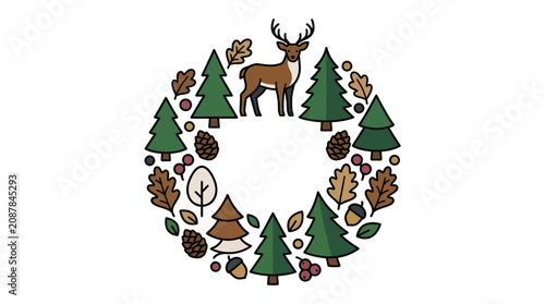 Deer standing in Christmas wreath with pine trees and leaves