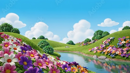 Vibrant cartoon landscape with rolling green hills, colorful flowers, a gentle stream, and fluffy white clouds.