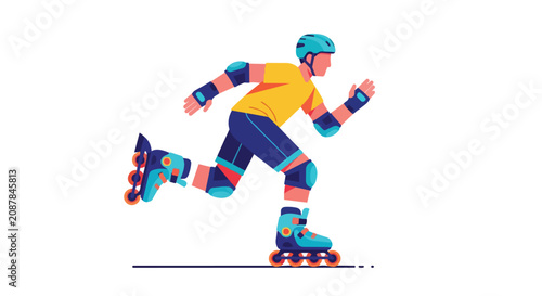 Young Man Inline Skating in Protective Safety Gear with Helmet and Pads for Sporty Healthy Lifestyle Hobby