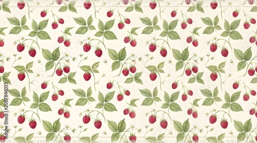Vintage watercolor seamless pattern with wild strawberries and leaves on light background.