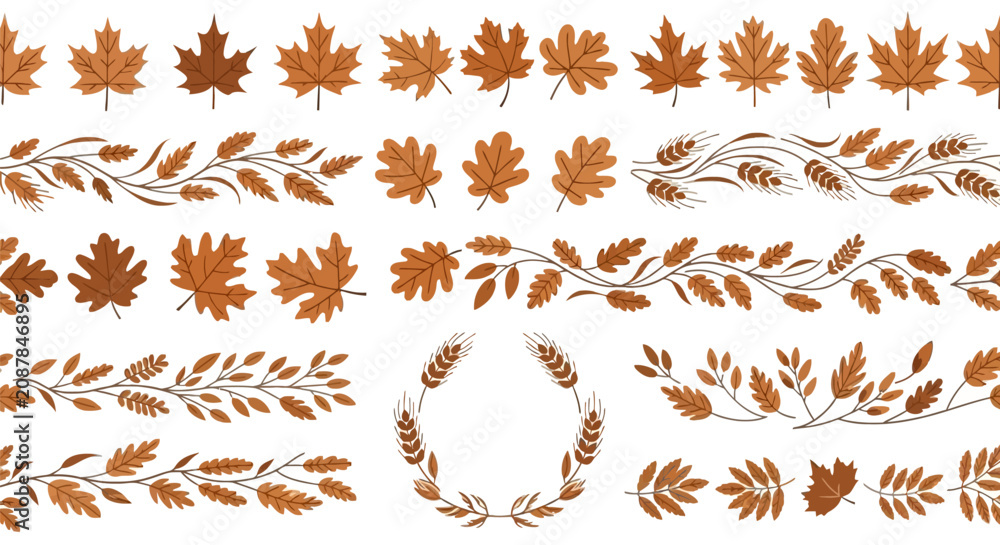 Obraz premium Autumn leaves and wheat decorative border elements