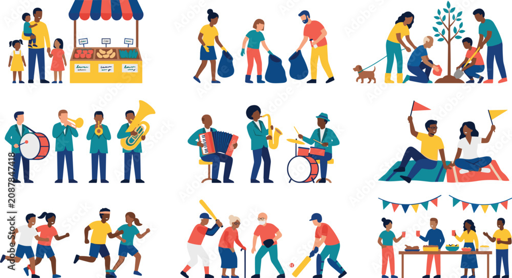 Fototapeta premium Community Activities and Social Events Collection Vector Illustration with Volunteers Sports Music and Family Activities