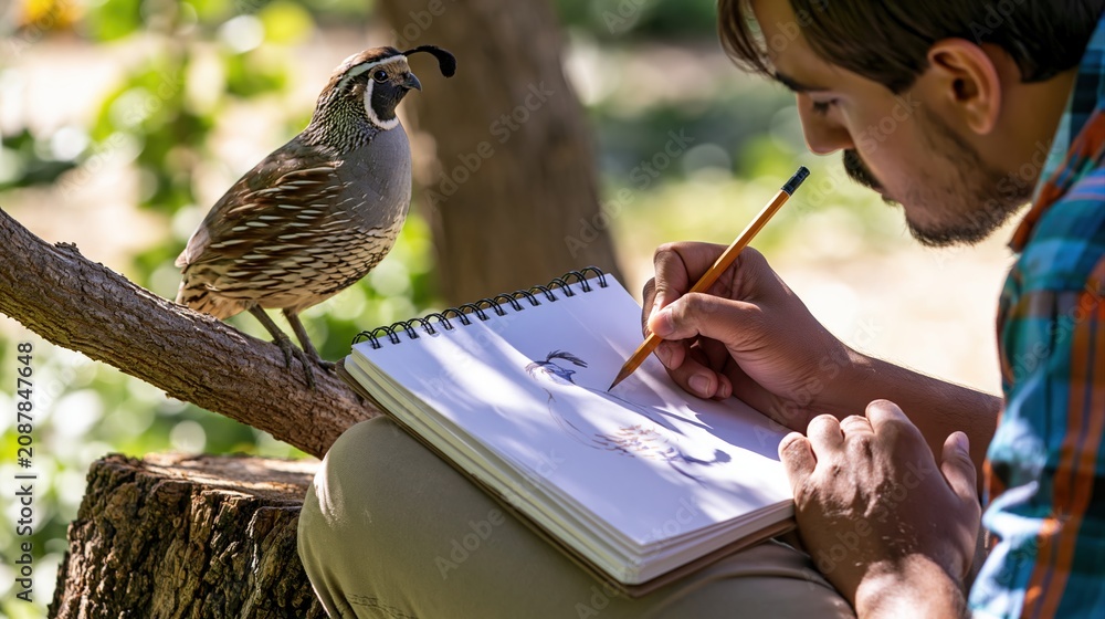Fototapeta premium A quail perched on a branch with a man observing wildlife in a sunny forest setting