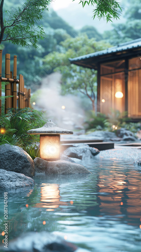 Serene Japanese Garden Pond with Glowing Stone Lantern