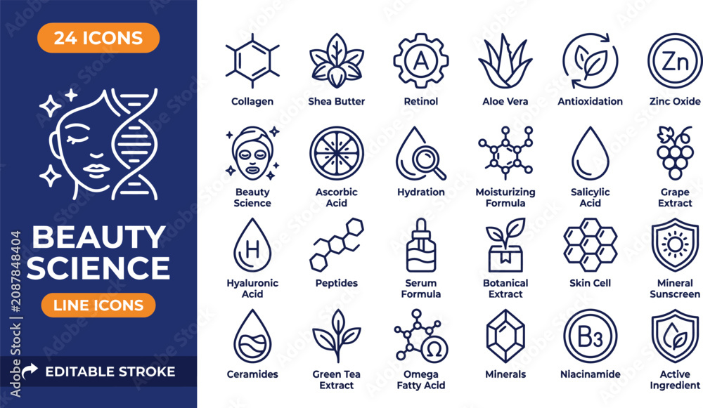 Fotografie Beauty Science line editable icon set