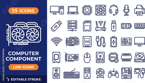Photos Computer component line editable icon set