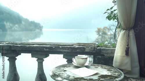 Nostalgic Lakeside Terrace with Teacup and Misty View