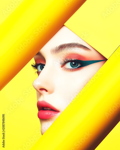 Bold Fashion Beauty Portrait Framed by Yellow Geometric Shapes