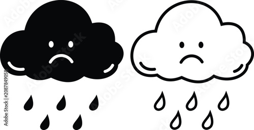 Bild auf Leinwand Cute doodle rainy cloud weather icon set with sad face in filled and outline sty