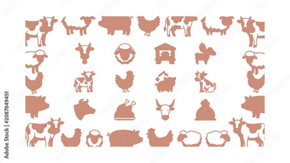 Obraz premium Farm Animal Icons Set Cute Silhouette Collection