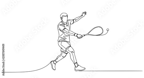 Continuous line drawing of a male tennis player hitting a forehand shot on a white background