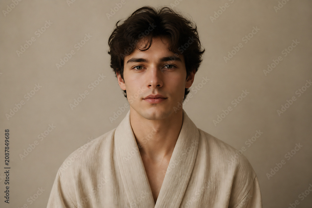 Fototapeta premium A young man with dark, wavy hair wearing a light-colored robe is posing against a plain, neutral background.