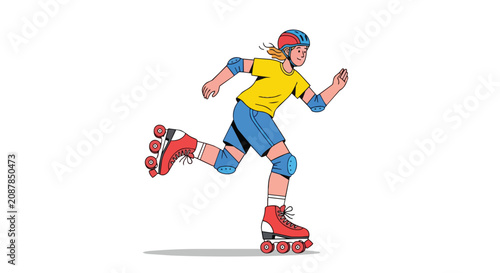 Active Young Girl Enjoying Outdoor Roller Skating Wearing Protective Safety Equipment and Colorful Sportswear