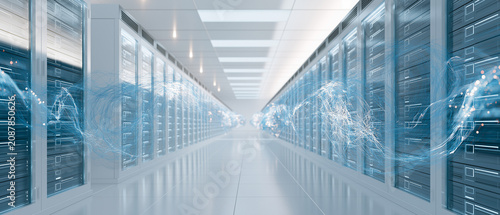 Data Center Hallway: A futuristic data center with rows of server racks stretching into the distance, illuminated by cool blue light and digital data streams.