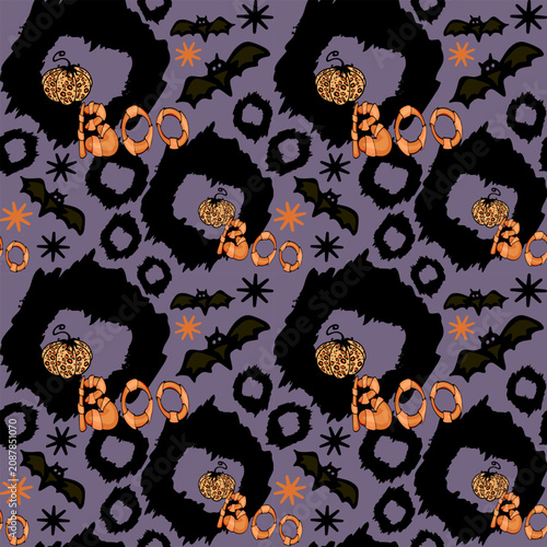 Halloween seamless pattern featuring pumpkins and bats