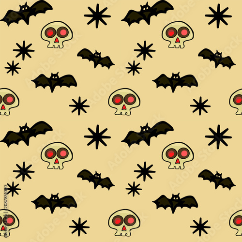 Halloween spooky pattern with skulls and flying bats