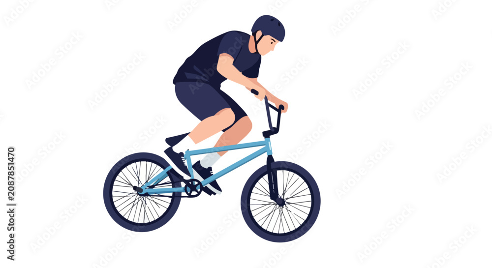Obraz premium Athletic Young Man Riding a BMX Bicycle with Helmet and Casual Gear Performing a Trick for Sport Illustration