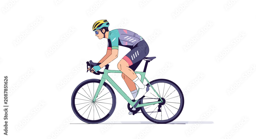 Obraz premium Male Professional Athlete Cycling on a Modern Road Bike Wearing Aerodynamic Helmet and Colorful Sports Jersey
