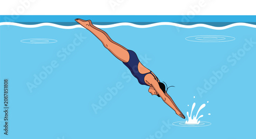 Athletic Woman in Navy Blue Swimsuit Jumping into a Refreshing Swimming Pool During Summer Sports Activity Scene