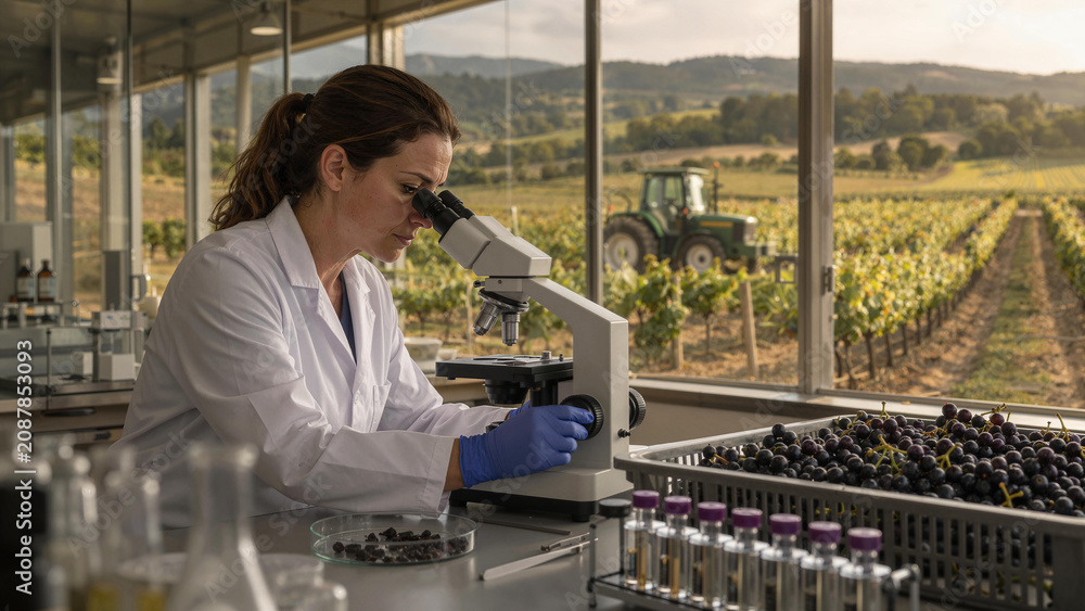 Obraz premium Scientist looks through microscope in winery lab while vineyard grows outside