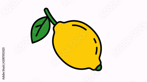 Minimalist Vector Illustration of a Fresh Yellow Lemon with Green Leaf Style