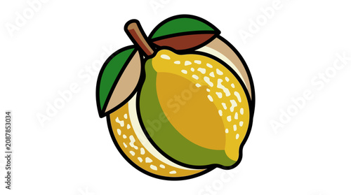 Stylized Lemon Fruit Illustration Featuring Green Leaves on White Background