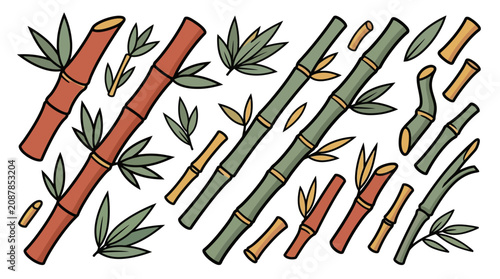 Hand Drawn Bamboo Stalks and Leaves Collection in a Decorative Flat Style
