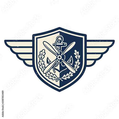 Vintage military emblem with wings, anchor and propeller
