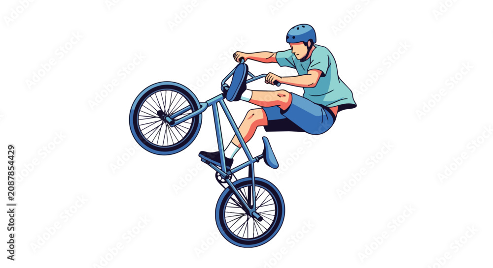 Obraz premium Extreme BMX Rider Performing High Jump Stunt Action Illustration Wearing Helmet Safety Gear on Blue Bicycle