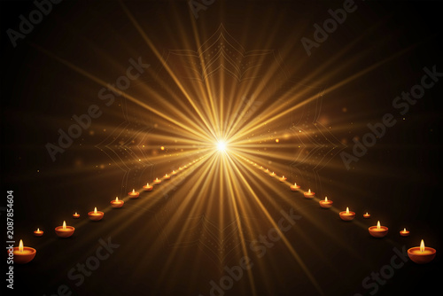 Golden Diwali oil lamps with bright light burst, traditional diya candles in perspective, spiritual festival of lights background with glowing sunburst