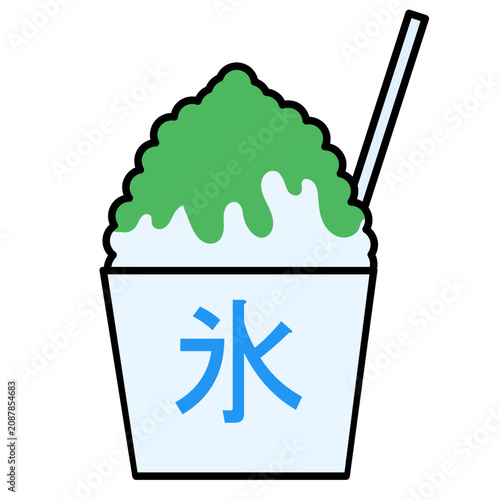 Fotografie メロン味のかき氷アイコン 氷文字入り 夏祭りのシンプルベクター