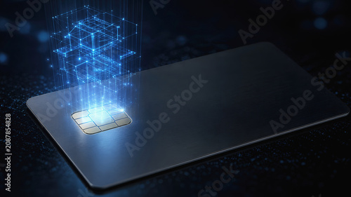 Digital payment credit card fintech chip technology innovation secure data modern metal card with glowing digital cube network above chip dark