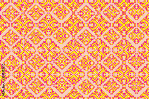 Photos Elegant seamless damask floral pattern featuring ornamental botanical motifs in vibrant yellow and pink colors on a soft pastel background