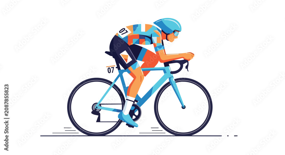 Fototapeta premium Professional Cyclist Racing on Road Bike Fast Speed Athlete Endurance Competition Flat Illustration Design