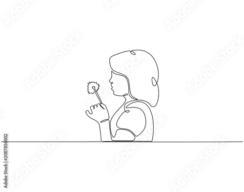 Woman blowing a dandelion continuous line art. Woman blowing dandelion one line drawing. Lifestyle, makes wish, hope concept vector illustration