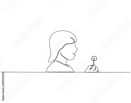 Woman blowing a dandelion continuous line art. Woman blowing dandelion one line drawing. Lifestyle, makes wish, hope concept vector illustration